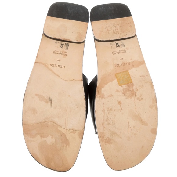 Hermes Black Leather Slide Sandals 41 Contrast Stitching Authentic - Picture 4 of 9